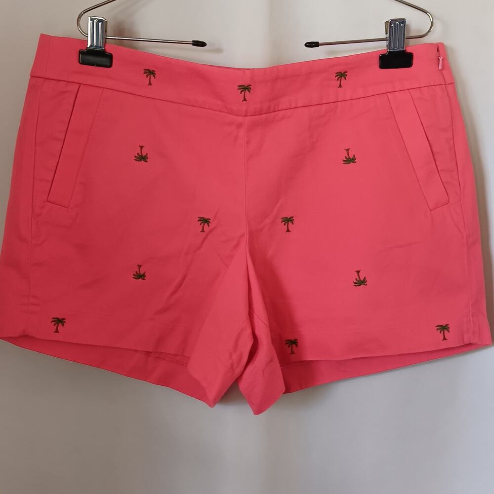 J. Crew Shorts Women's Size 14 Bright Pink Palm Trees Pockets 100% Cotton
